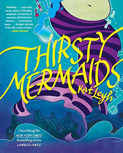 The bottom half of a chubby mermaid with a purple striped tail is framed against an ocean filled with empty bottles. A cocktail glass spills down beside her.