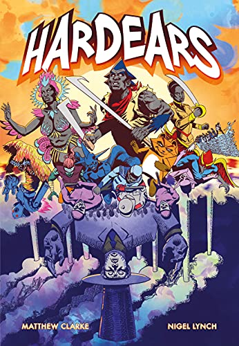 A dark-skinned man wielding two hook-like blades readies himself alongside a number of other fantastical and colourful characters. They stand on clouds which reflect an ominous purple suited figure wearing a mask and top hat.