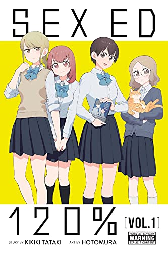 Four schoolgirls in white blouses and dark grey skirts stand together. On the left, a blond determinedly holds hands with a shy-looking redhead. A brunette poses with a boys' love manga, while the girl on the right cradles a ginger cat in her arms.