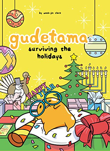Gudetama, a creature resembling the yolk of an egg, lies collapsed atop a present, wearing large blue glasses and holding a party cone. Around them are a Christmas tree, a menorah, a turkey, and other holiday items.