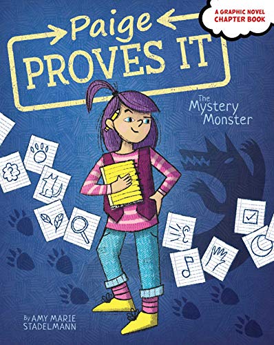 A young girl holds a notebook to her chest, smirking. She has purple hair in a partial ponytail, a striped shirt, jeans, and bright yellow shoes, and has a pencil over her ear. Scattered around her are pages of lined paper with drawings on, animal footprints, and a shadow monster.