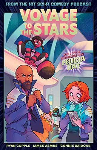 A bald Black man with a beard holds up his fists in a fighting stance. Next to him is a confused looking white girl with chinlength red hair, who is holding a tablet. Both of them are wearing sci-fi type uniforms. In the corridor above them, a humanoid red panda with black hair grins. Behind them, a white man with ginger hair and a thin moustache fiddles with a robot.