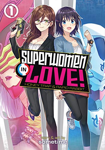 Two women, one in a black pantsuit and holding a gun, the other in a cardigan and leggings, match poses as they hold hands. Behind them, the page is divided with superimposed versions of their superhero alter egos.