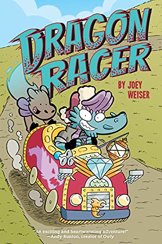 A cartoony dragon races down a hill in a colourful, jazzed up cart. He is being pushed by a ghost hog.