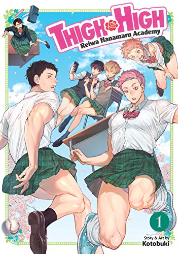 Against the backdrop of a blue cloudy sky, several students fall through the air, dressed in matching uniforms - white blouses, green plaid skirts, and a pink bowtie. The two students at the front are broad males with thick muscular thighs beneath the skirts.