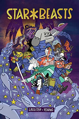 A cartoony grey puppy in a military style jacket overlooks a varied crew of animals in matching jumpsuits and a unicorn in a green cape. A swirl of stars containing narwhals shadows a demonic frog creature looming behind them.