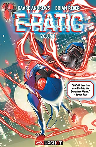 A superhero in a blue and red full-face costume swings through a city skyline, surrounded by red glowing strings of energy.