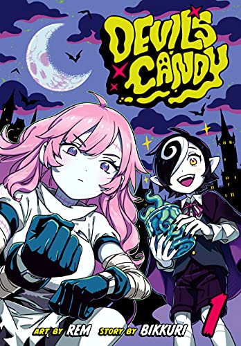 A pink-haired girl readies her fists determinedly as she crouches in the foreground. Behind her, an androgynous young vampire with black and white swirled hair smiles as they hold a jar of tentacles. The background is a purple sky with buildings in silhouette.