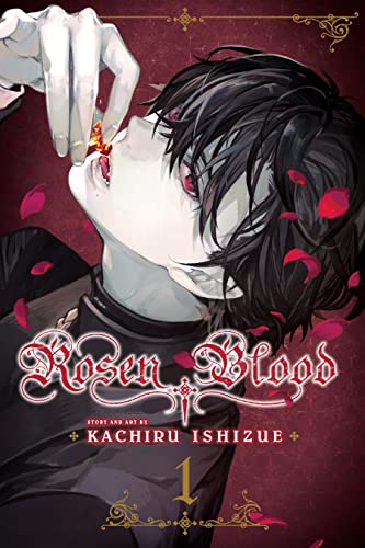 A dark-haired, grey-skinned young vampire tilts his head back, putting a blood-red crystal to his mouth. Rose petals scatter around him.