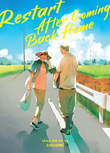 Two young men laugh as they walk down a road carrying shopping together. The scenery around them is bright and summery, green grass and blue skies.