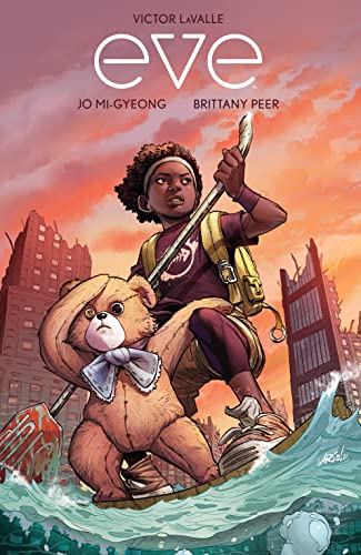 A young Black girl with her natural hair swept up in a headband and wearing a t-shirt and shorts and a backpack, paddles a wooden board through the ruins of a city. A teddy bear with mismatched eyes stands beside her, an arm raised as if scouting ahead.