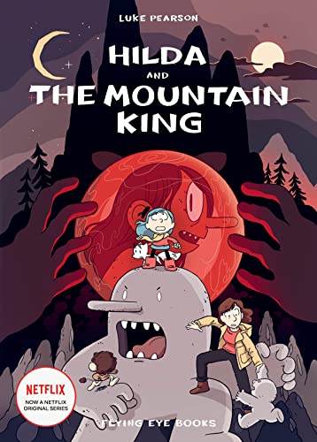 Hilda, a young girl with blue hair and a beret, stands atop a stone creature with a long nose. Behind her, an ominous silhouetted figure holds a glowing red orb between their hands. Inside the orb is a distorted version of Hilda.
