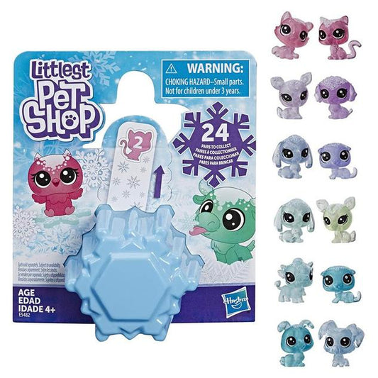 A light blue snowflake shaped blind box featuring examples of the pair of collectibles within. All are animals in pastel colours, with large black anime eyes and a dusting of white over their heads and bodies.