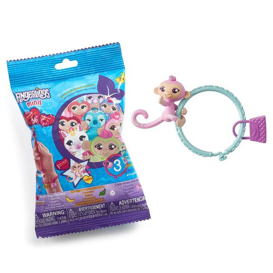 A blue foil bag featuring several pastel-coloured Fingerlings, animals with stylised rounded faces and eyes. The contents of an example bag is shown as an aqua ring with a lilac handbag charm, and a pink Fingerling monkey.