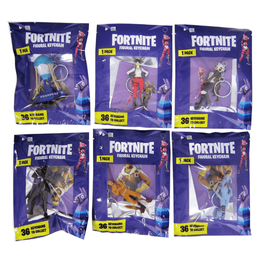 Six different figure keychains inside purple Fortnite bags.