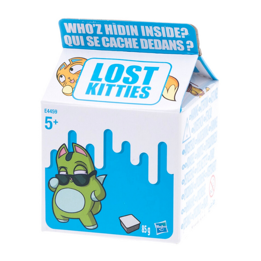 A cube-shaped milk carton featuring a green cat standing on two legs and wearing sunglasses. It features the Lost Kitties logo and the catchphrase "who'z hidin inside?"