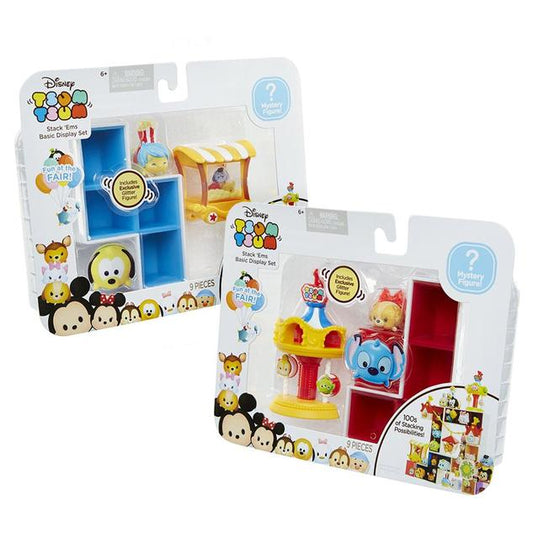 A picture of two different sets of Disney Tsum Tsum stackers. One is a blue Z-shape stacker with a yellow cart. The other is a red L-shape stacker with a merry-go-round.