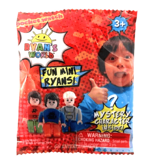 A red packet featuring an open-mouthed Ryan with his thumb up, and a selection of Lego-like minifigures. 