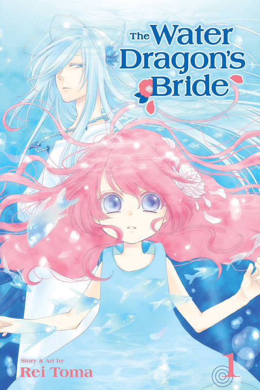 A young girl with long pink hair, wearing a simple blue dress, floats underwater with wide eyes. Behind her, an androgynous person with very long light blue hair and blue horns, wearing a white robe and a blue beaded necklace, watches her curiously.