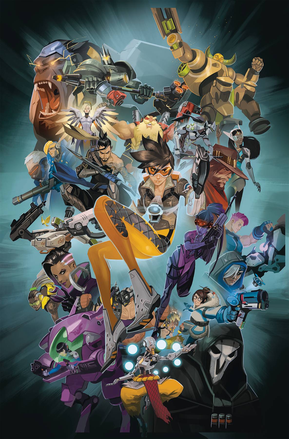 Tracer, a woman with dark spiky hair and wearing an orange jumpsuit and goggles, holds a sci-fi-looking gun as she looks forward. Behind her, the other Overwatch cast members form a rough visual ring, most with weapons at the ready.