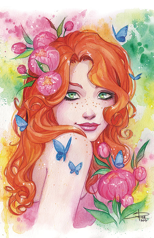 A light-skinned young woman with green eyes and long orange hair in loose curls smiles coyly over her shoulder. Pink peony flowers are woven into her hair, and blue butterflies flutter around her.