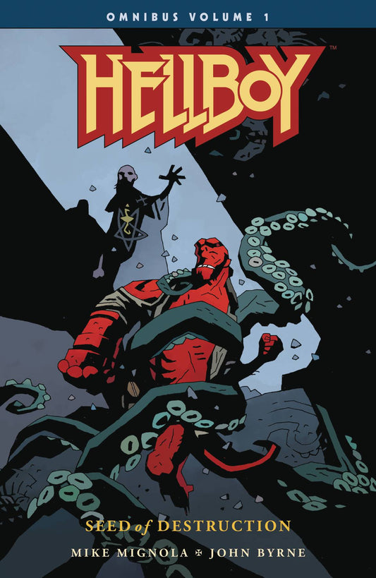 Hellboy fights off tentacles wrapped around him as a cloaked, bearded figure raises a hand ominously behind him.