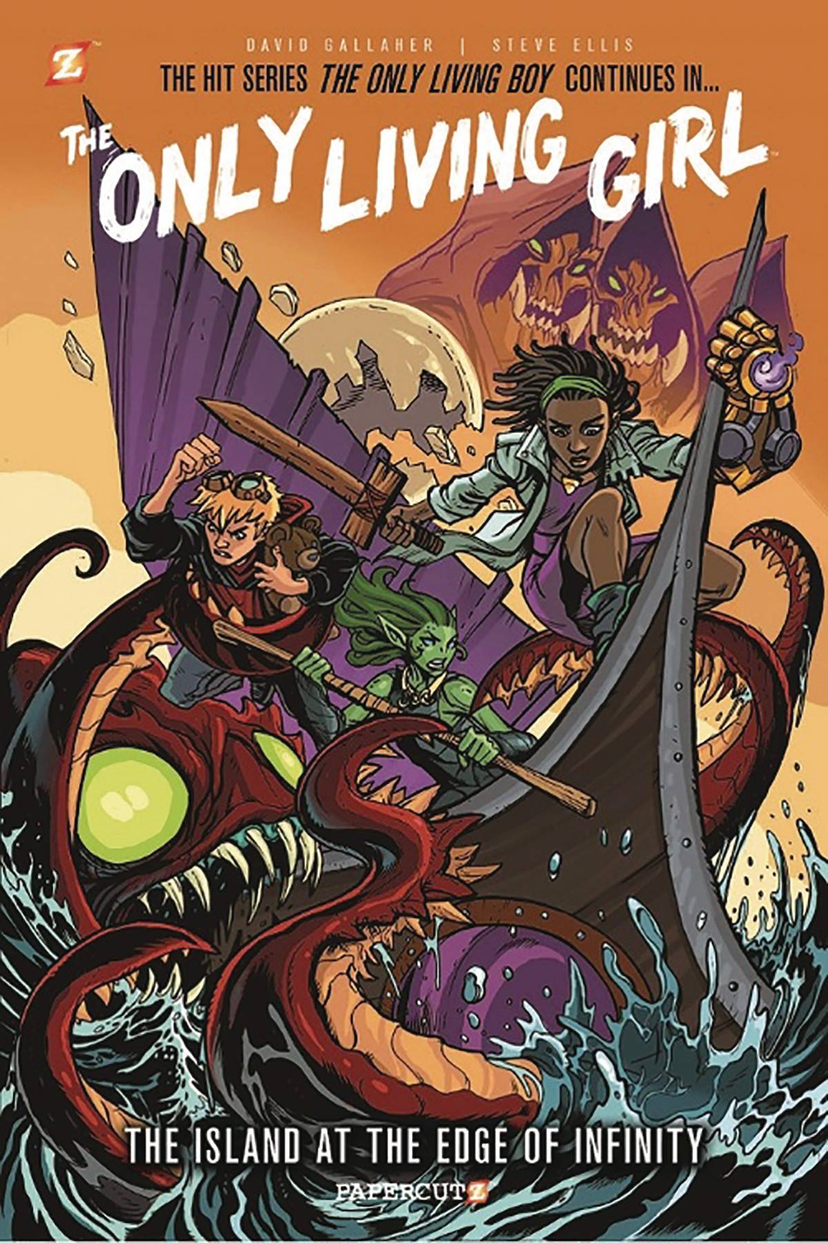 A Black girl with shoulderlength locs crouches on the prow of a small sailboat, wielding a glowing gauntlet in one hand and a wooden sword in the other. The boat is being attacked by a red sea monster, its tentacles wrapped around a blond boy with goggles who is clutching a teddy bear. A green-skinned young woman with pointy ears determinedly attempts to paddle the ship. Three hooded, tusked skull-like creatures watch from above.