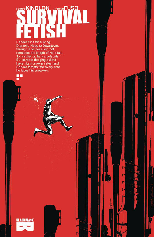 A figure jumps between the oversized upright barrels of guns, silhouetted to resemble a cityscape against a bright red background. 
