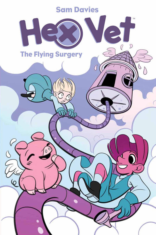 In a cartoonish style, two people wearing teal dresses and gloves, one dark-skinned with reddish brown hair, the other light-skinned with blond hair, cling to a metal rope that descends from a small flying hut amongst the clouds. Also on the rope is a pig with wings, which is laughing. 