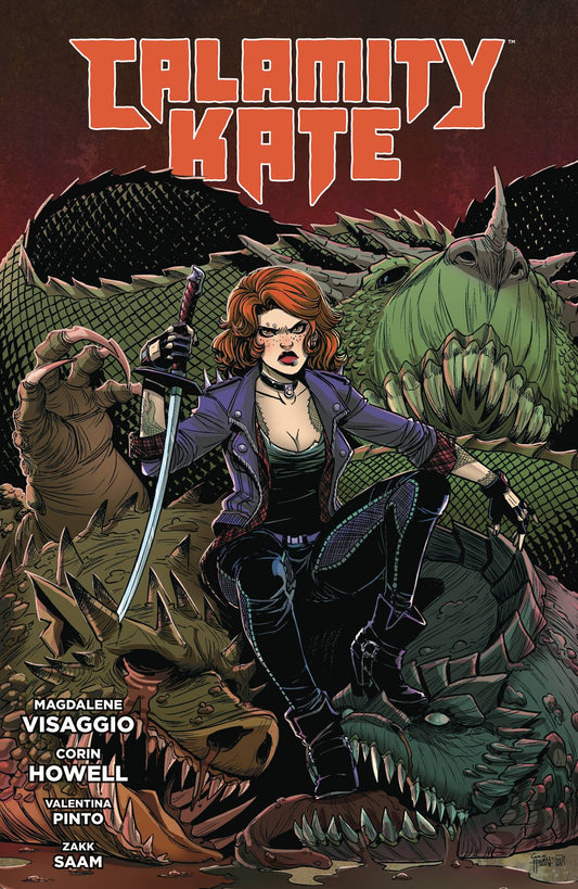 A light-skinned woman with red chinlength hair scowls at the reader as she sits on the corpses of three dragons. She is wearing punk clothing including a purple leather jacket and a black choker, has pierced eyebrows, and holds a sword.