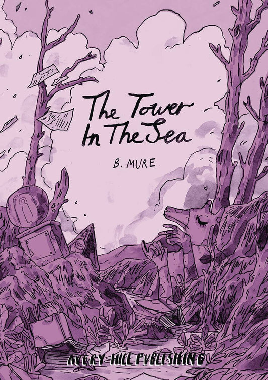 A patchwork wolf-like creature lies between dead trees, surrounded by moss and junk. Loose pages float by in the wind. Everything is in shades of purple.