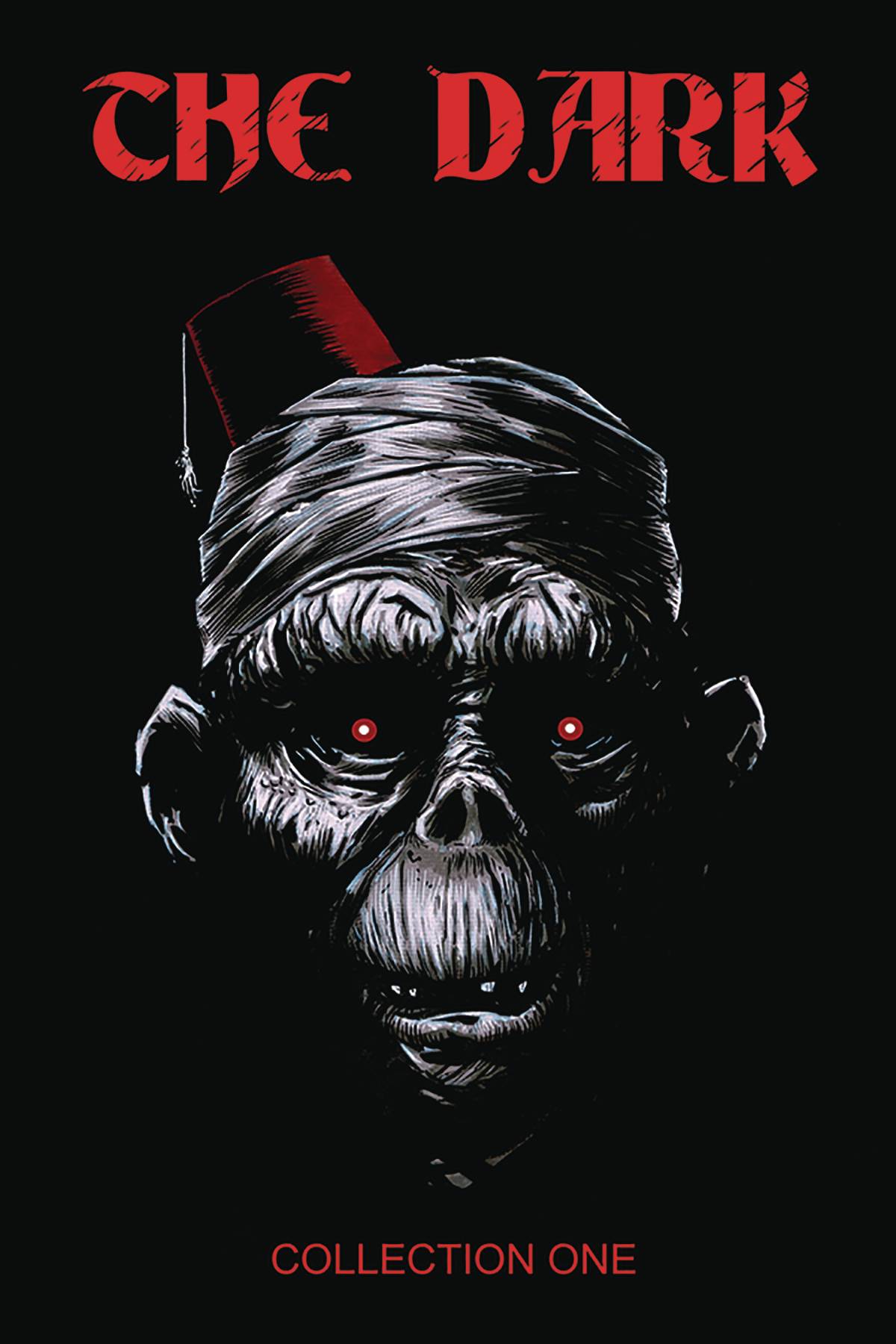 A wrinkled chimpanzee with sunken red eyes gazes out at the viewer, wearing a turban and fez. Aside from the fez and its eyes, everything is in black and white.