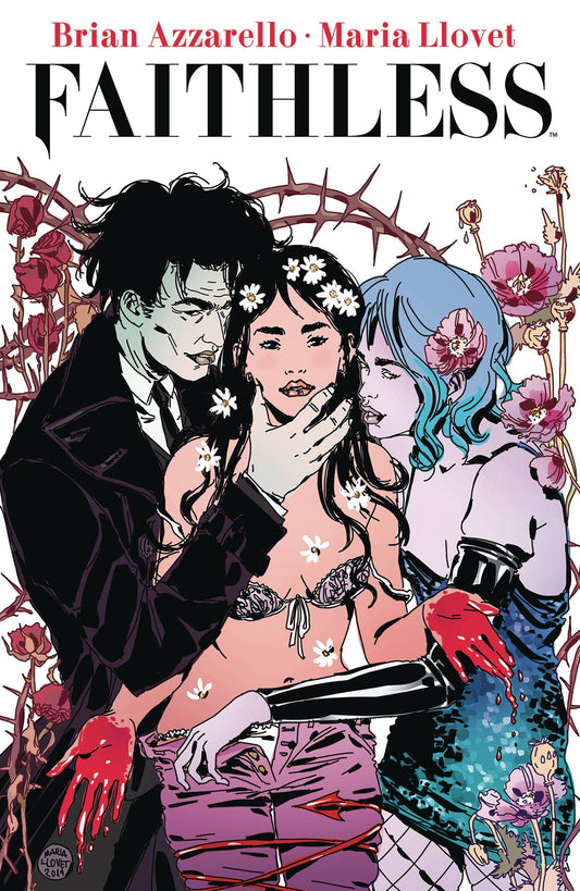 A dark-haired woman is held sensuously and undressed by an older man with dark hair and a suit, and a blue-haired woman in a short dress and fishnets. The central woman has flowers in her hair, thorns behind her, and blood covering her hands.