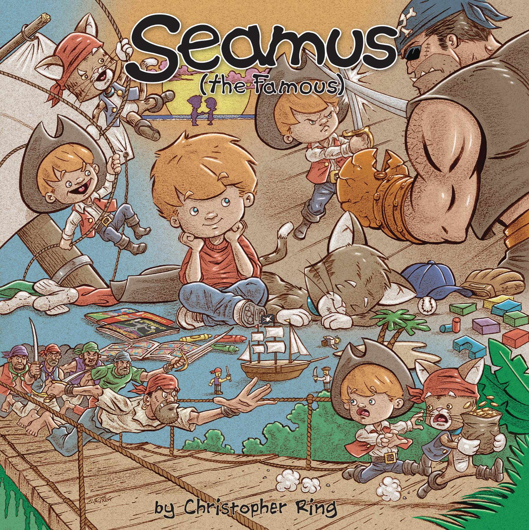 A young ginger-haired boy sits next to a sleeping grey cat, looking thoughtful. Around him are scattered toys, comics and crayons, as well as representations of himself as a pirate, sword-fighting, stealing gold coins and swinging from sail ropes.