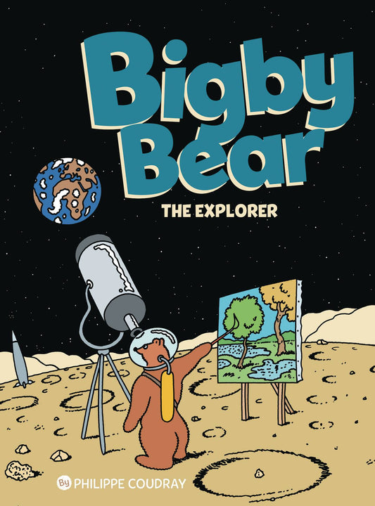 A brown bear wearing a fishbowl style helmet and an oxygen tank stands on the moon. They paint a landscape of trees as they look through a telescope at the earth.