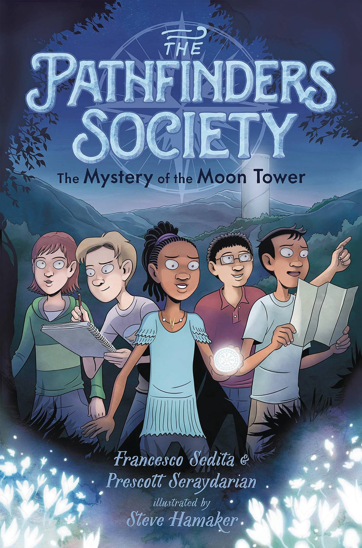 A group of teens stand in the forest, a faintly glowing tower in the distance behind them. A Black girl with cornrows in a ponytail leads the way, holding a glowing amulet. To her left are a girl with chinlength brown hair, and a blond boy sketching on a notepad. To the right are an Asian boy with glasses who is pointing off frame, and a tan-skinned boy holding a map. The group are framed by trees, and glowing flowers are just visible in frame.