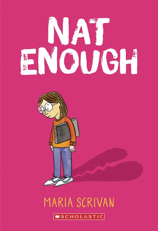 An androgynous child with shoulderlength brown hair and large round glasses stares sadly at the floor. They are wearing a red sweater, blue trousers, and white and blue sneakers, and holding a large sketchbook under their arm. Their shadow is shaped like a broken heart.