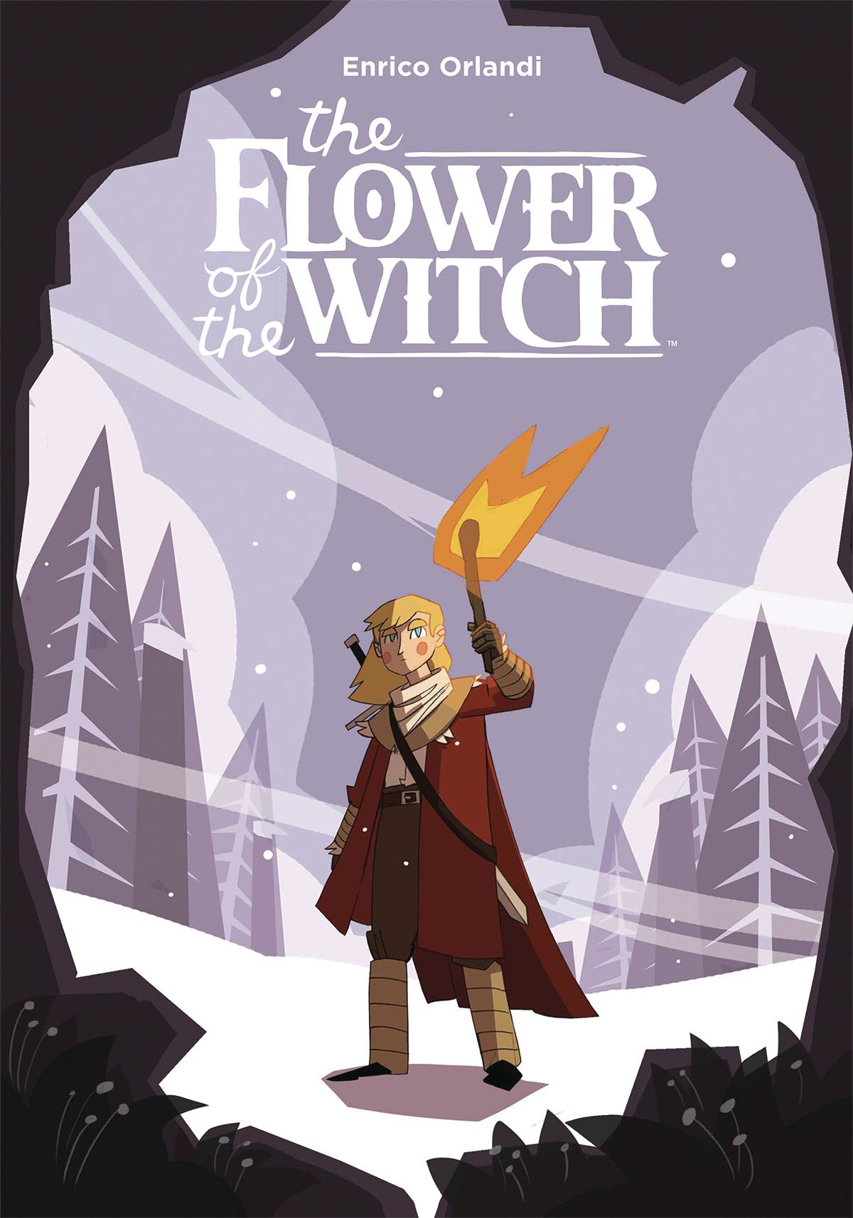 A person with shoulderlength blond hair stands at the mouth of a dark cave, wearing a heavy red coat and with a sword strapped to their back. They are holding a burning torch aloft. The scenery around them is full of trees, and snow is falling gently.