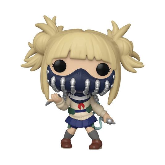 A girl with pale skin and blond hair up in messy buns holds a knife in one hand and a needle-ended pipe in the other. She wears a beige cardigan with a blue and red sailor-style ribbon collar, a blue skirt, grey socks, and brown shoes. Her nose and mouth area is covered by a navy mask with eight silver pipes looped down it.