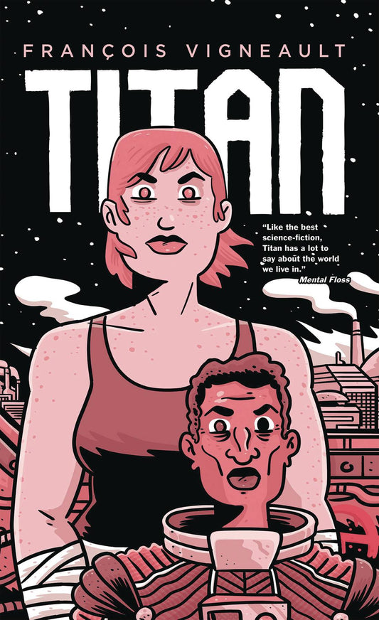 An androgynous Black astronaut with short hair and prominent cheekbones stands in front of a much larger light-skinned woman with light skin and chinlength ginger hair. She is wearing a dark tank top and bandages around her forearms. Behind them is an industrious city billowing smoke into a starry sky. Everything is in shades of pink/red and black.