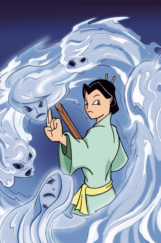 A young Chinese woman dressed in a soft green robe holds two fingers up to ward off the angry spirits swirling around her. In her other hand she wields a sword.
