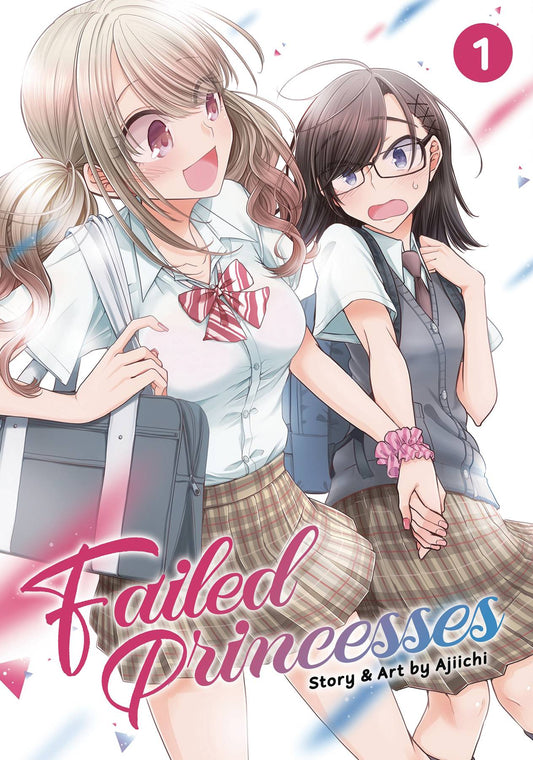 A grinning schoolgirl with her blonde hair in pigtails holds the hand of a flustered brunette schoolgirl with glasses, dragging her along.