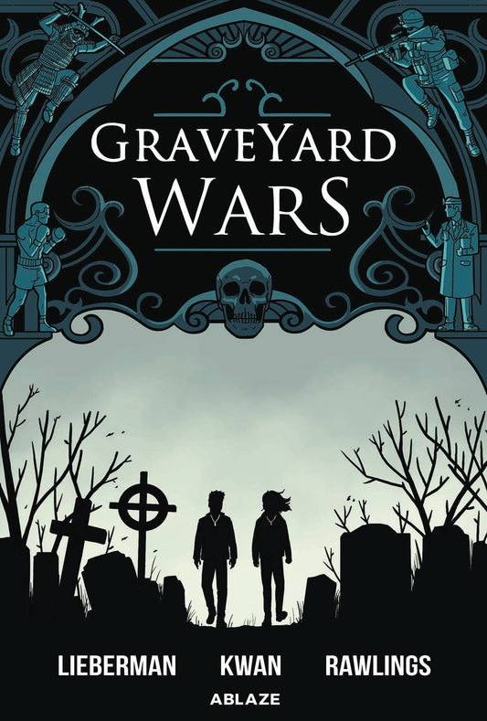 Two figures are silhouetted within a graveyard. The top half of the cover is framed by an archway featuring a skull and figures of a boxer, samurai, sniper and doctor.