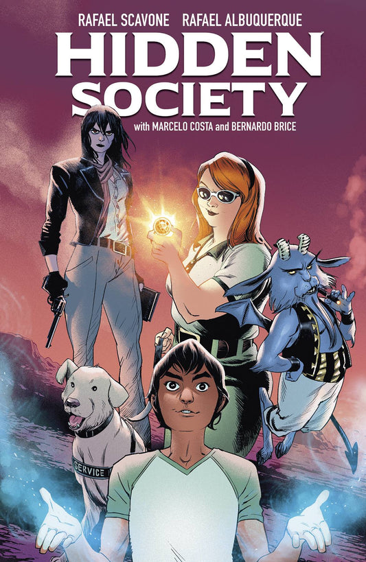 A chubby ginger girl with a service dog holds a glowing coin. Next to her are a lanky person with dark hair and a gun, a tan-skinned person with blue wisps of magic coming from their hands, and a blue goatlike creature with devil wings and tail floating and smoking a cigar.
