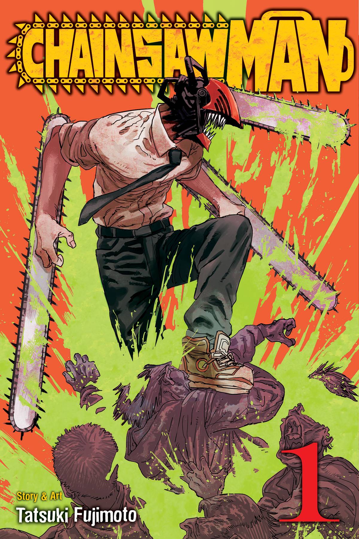 In a splash of bright orange and green, a humanoid with chainsaws for arms and head jumps on top of spattered bodies.