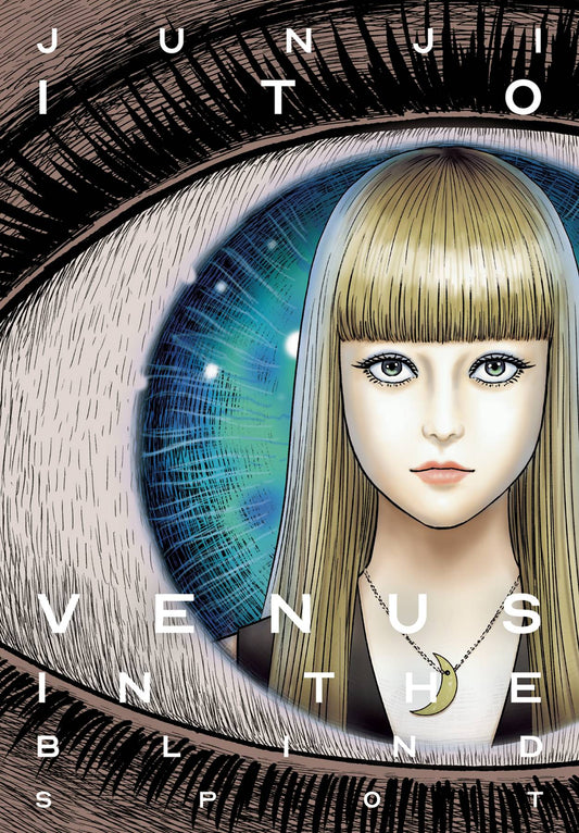A woman with long blond hair and a straight-cut fringe stares dead ahead. Around her neck is a crescent shaped pendant. She is only visible to the shoulders, and is contained inside the wide blue eye that takes up the rest of the book cover.