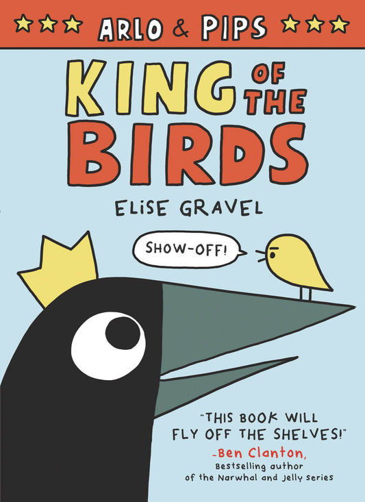 A cartoon crow with a small yellow crown has their beak slightly open. Resting on top of their beak is a much smaller yellow bird with an angry face, with a speech bubble saying, "Show-off!"