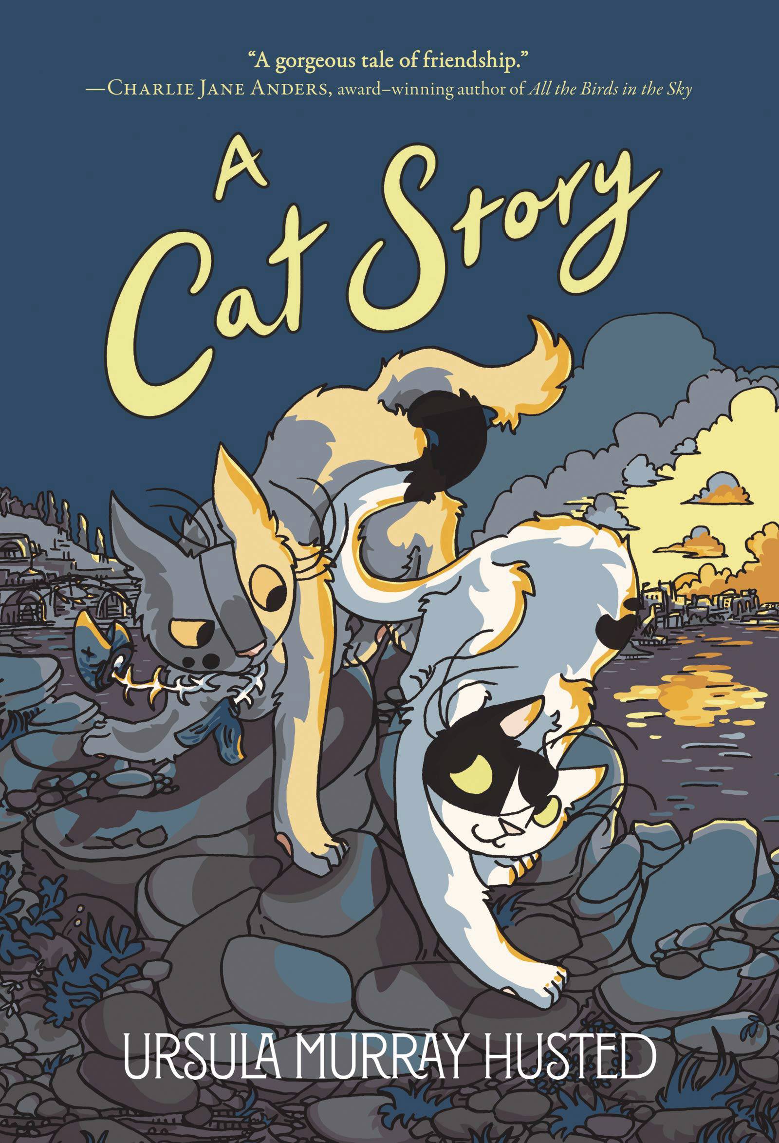 A calico cat smiles back at a confused yellow cat with a fish skeleton in its mouth. They are walking across some rocks beside dark water at night. The cats are lit by a city on the other side of the water.