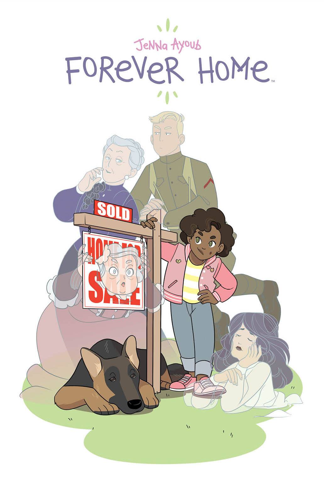 A young Black girl with big chinlength hair ad green eyes leans against a 'SOLD' sign for a house. She is wearing a pink sports jacket over a yellow and white striped top, blue jeans, and pink sneakers. A Doberman is curled at the base of the sale sign. Several translucent ghosts are visible nearby, including a weepy woman, a blond man in military uniform, and an elderly lady in a Victorian dress.