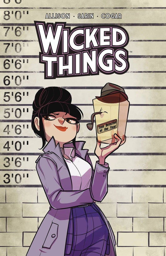 A young lady with her dark hair piled in a neat bun on top of her head smirks as she holds up a 'Teen Detective Of The Year' award. She is wearing a lilac coat with a popped collar over a white shirt and dark purple checked trousers. Behind her is a beige brick wall marking heights.